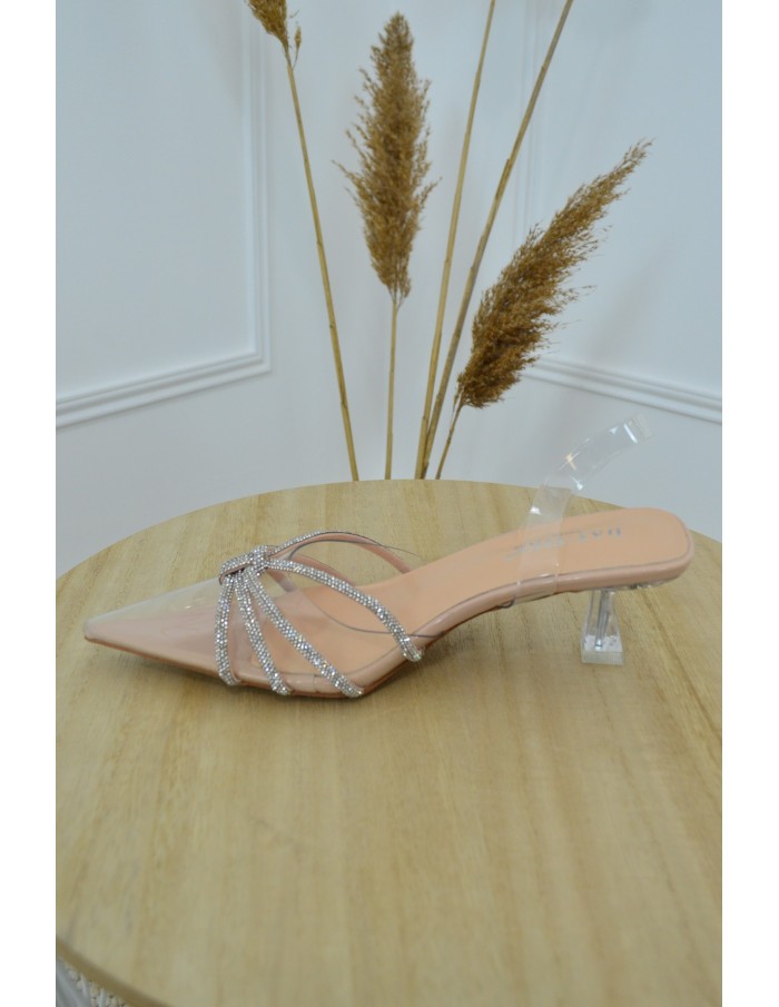 Mules à talon transparentes pointues avec ornement strass- femme - Accueil