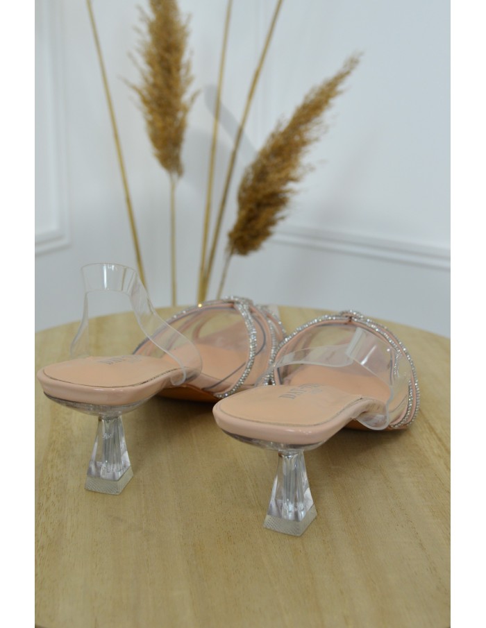 Mules à talon transparentes pointues avec ornement strass- femme - Accueil