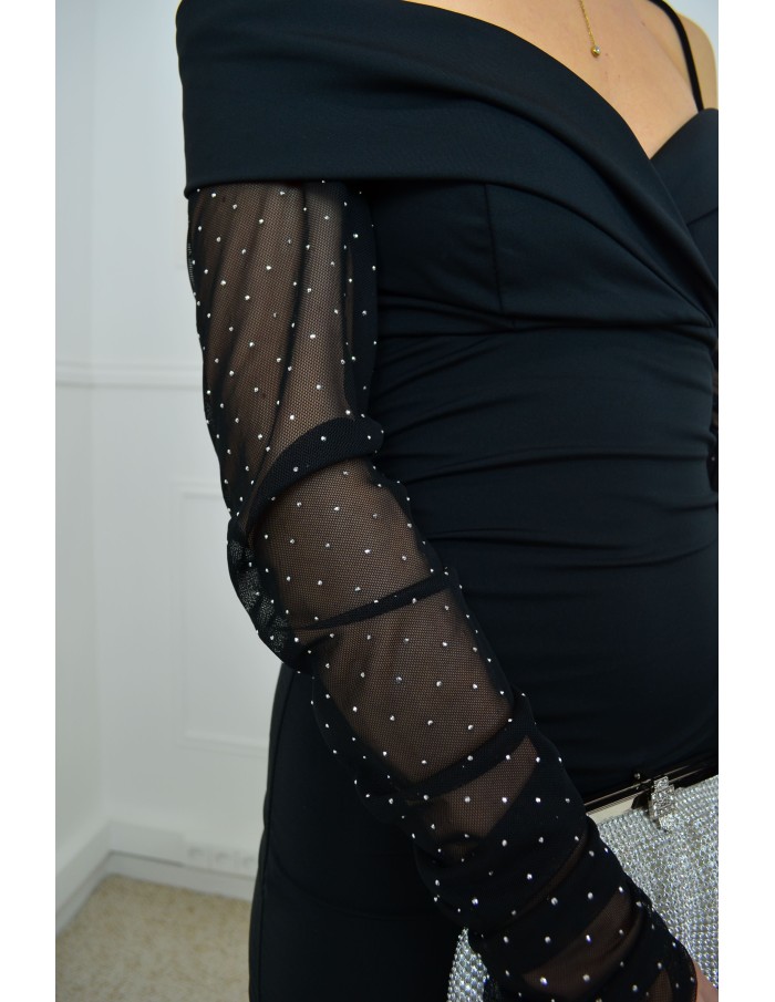 Robe mi-longue noire manches avec strass - femme - Accueil