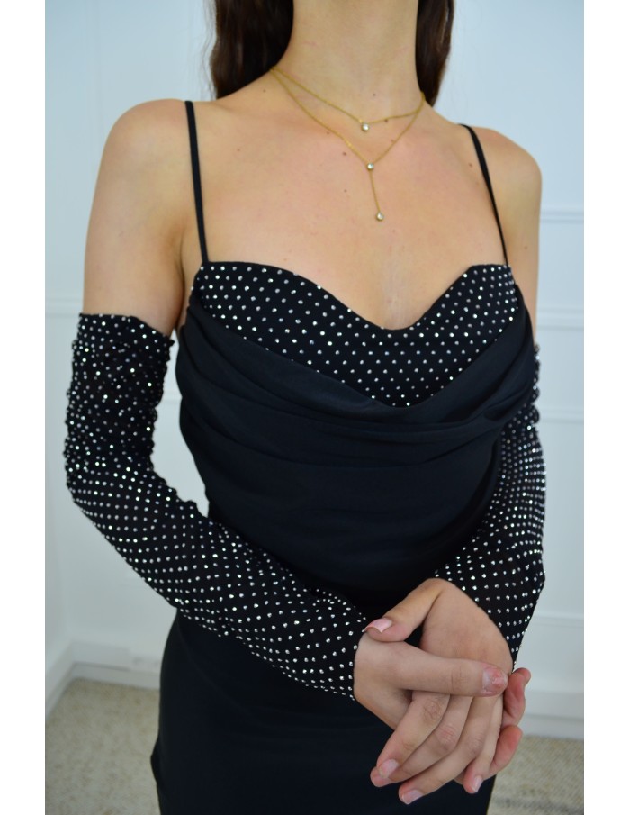 Robe mi-longue noire manches avec strass - femme - Accueil