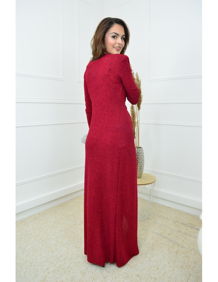 Robe fendue bordeaux à manches longues à paillettes  - femme