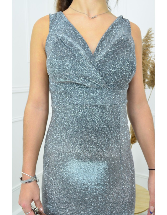 Robe longue gris pailletée col V avec fente latérale – Femme