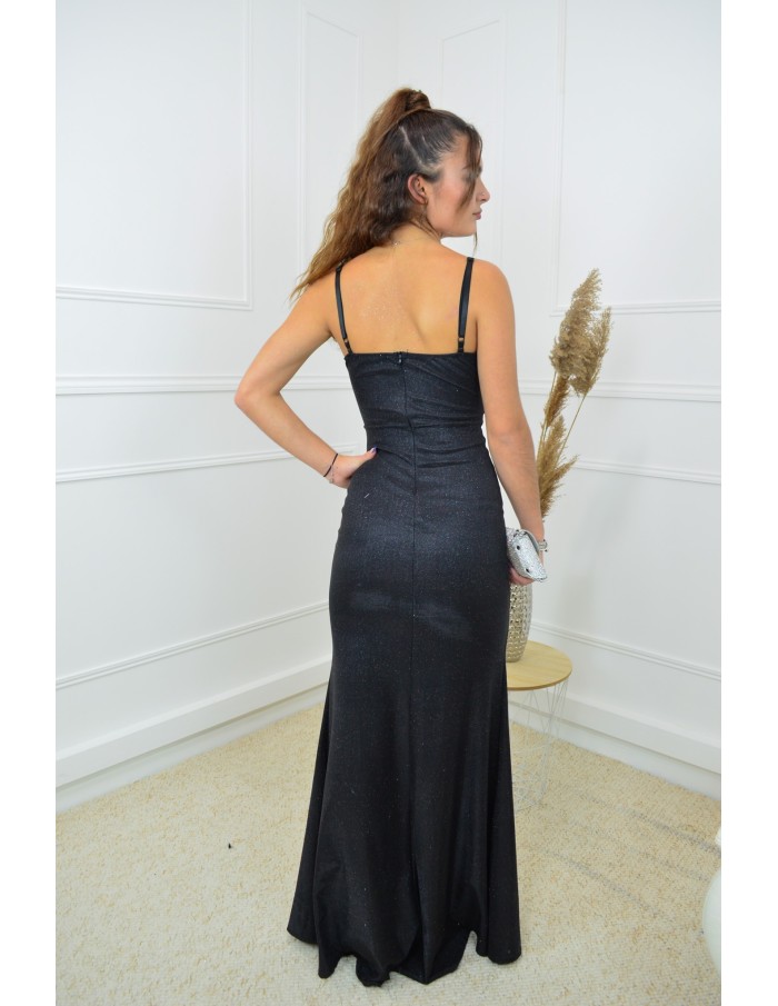 Robe longue noir pailleté Col V avec fente latérale – Femme
