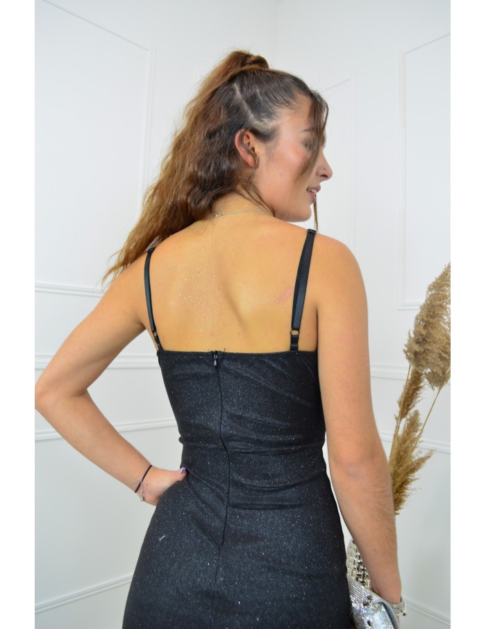 Robe longue noir pailleté Col V avec fente latérale – Femme