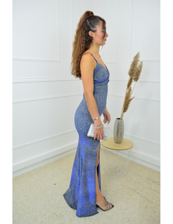 Robe longue bleu pailleté Col V avec fente latérale – Femme