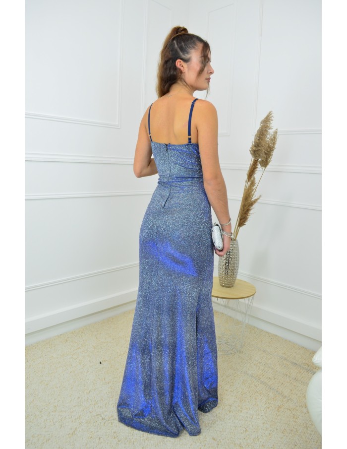 Robe longue bleu pailleté Col V avec fente latérale – Femme