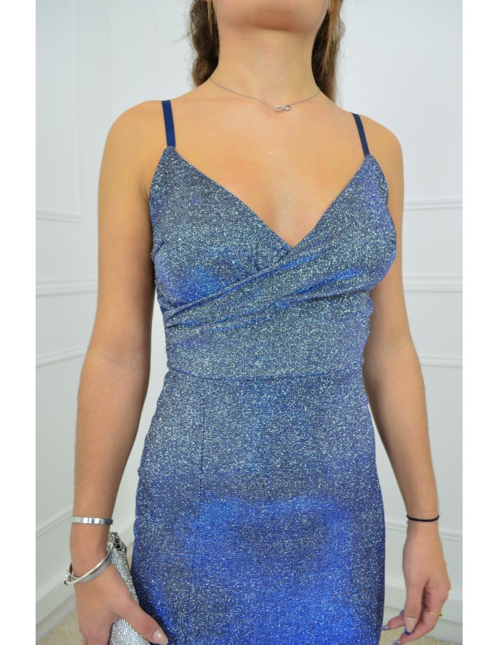 Robe longue bleu pailleté Col V avec fente latérale – Femme
