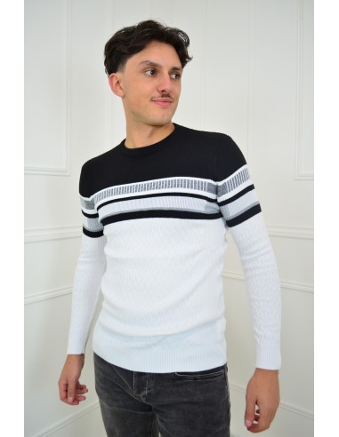 Pull blanc et noir col rond - homme