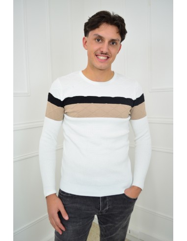 Pull blanc avec rayures beige et noir...