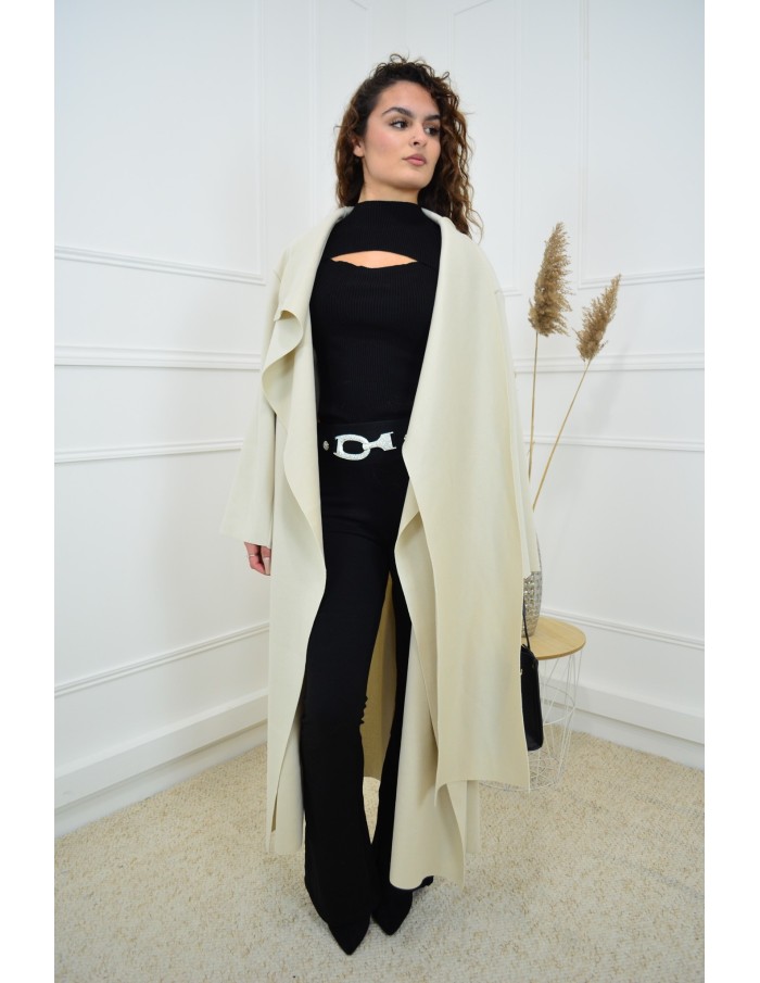 Manteau beige long col écharpe - femme