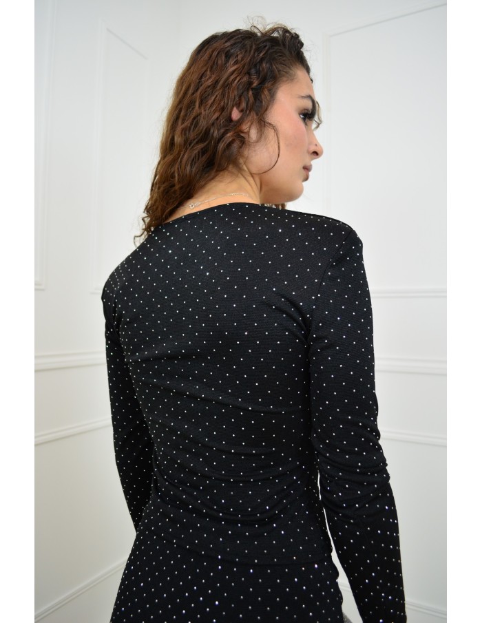 T-shirt noir à manches longues col carré avec strass - femme - Accueil