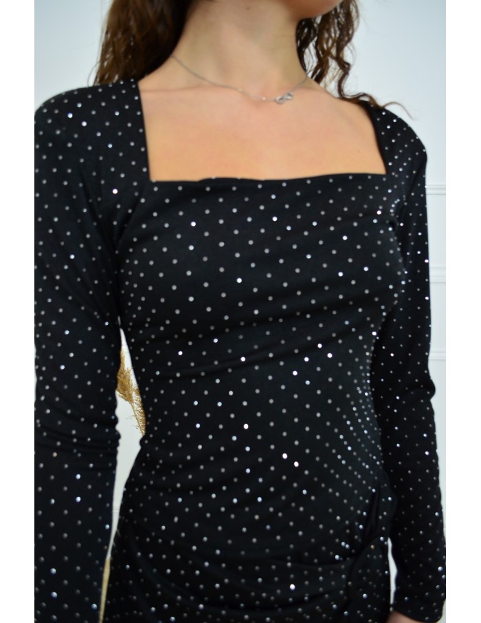 T-shirt noir à manches longues col carré avec strass - femme - Accueil