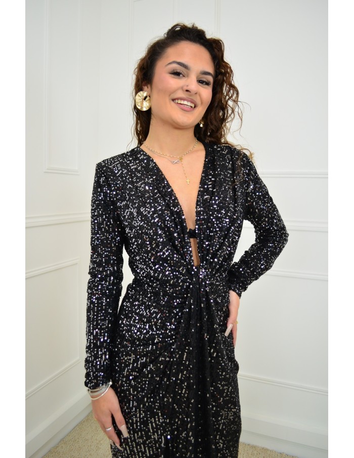 Robe longue noir paillettée décolleté plongeant - femme - Accueil