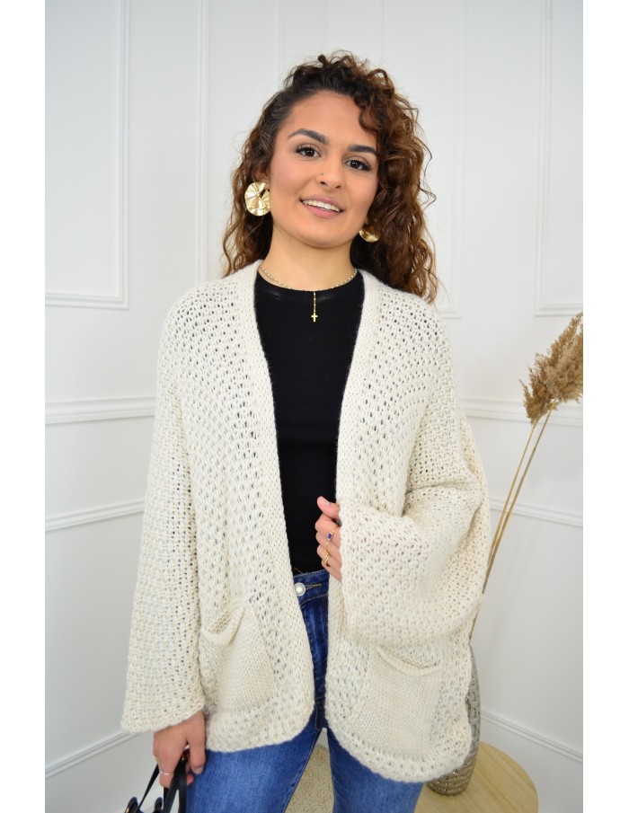 Gilet en maille ajourée beige – femme - Accueil