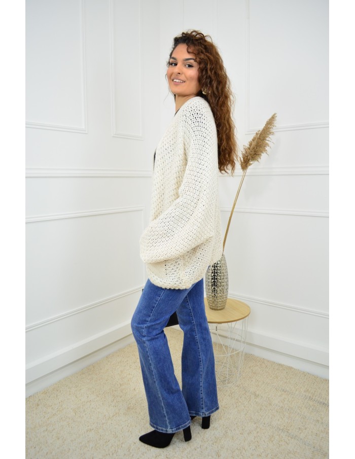 Gilet en maille ajourée beige – femme - Accueil