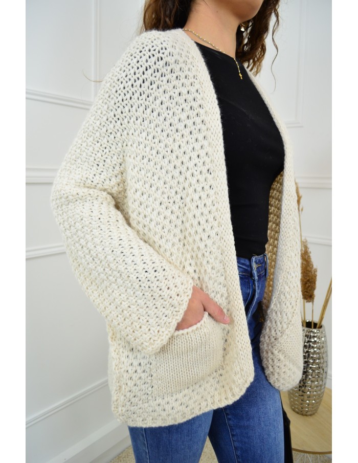 Gilet en maille ajourée beige – femme - Accueil