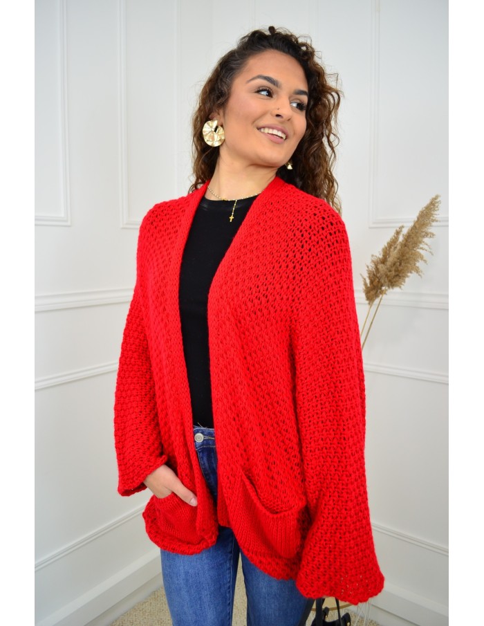 Gilet en maille ajourée rouge – femme - Accueil