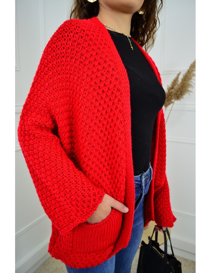 Gilet en maille ajourée rouge – femme - Accueil