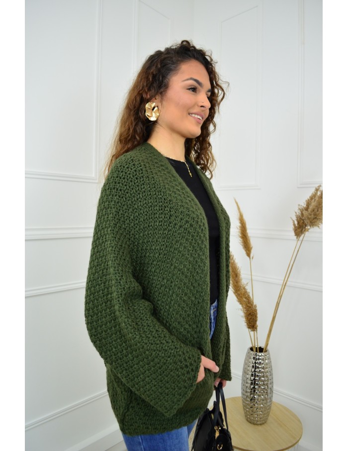 Gilet en maille ajourée kaki – femme - Accueil