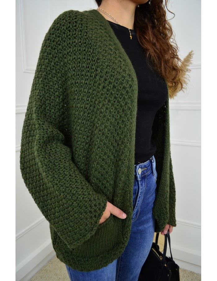 Gilet en maille ajourée kaki – femme - Accueil