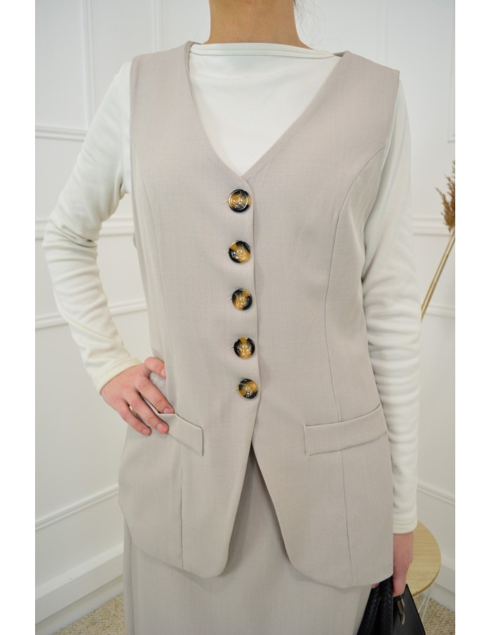Ensemble 2 pièces taupe gilet + jupe - femme - Accueil