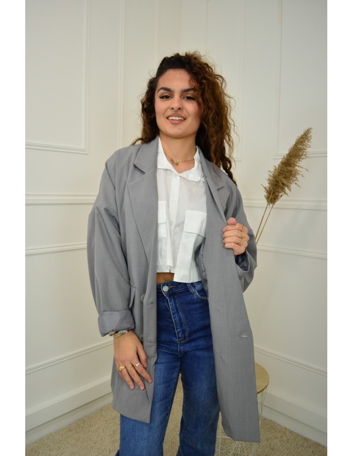 Blazer Oversize Mi-Long Gris  Femme | Élégance et Confort
