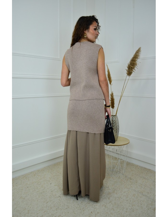 Ensemble 2 Pièces Taupe : Gilet Sans Manches et Jupe Bi-Matière | Élégance et Confort