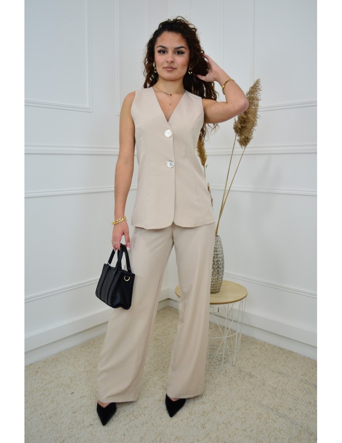 Ensemble 2 Pièces Beige Femme : Gilet Sans Manches & Pantalon Fluide