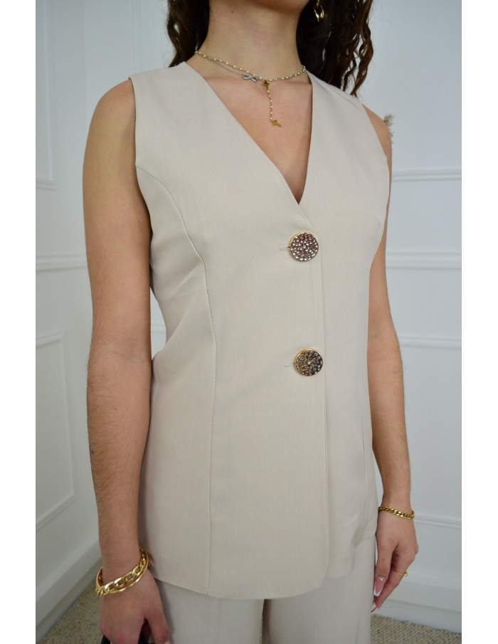 Ensemble 2 Pièces Beige Femme : Gilet Sans Manches & Pantalon Fluide