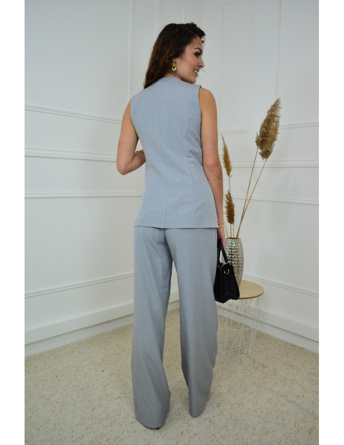 Ensemble 2 Pièces Gris Femme : Gilet Sans Manches & Pantalon Fluide