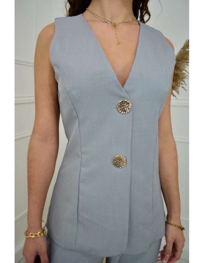 Ensemble 2 Pièces Gris Femme : Gilet Sans Manches & Pantalon Fluide