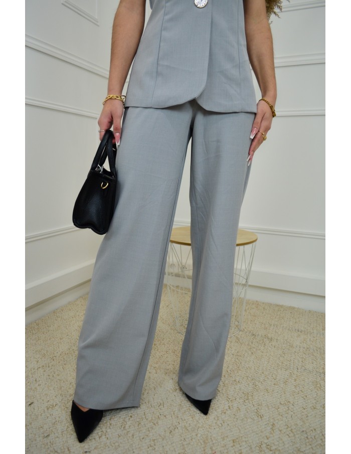 Ensemble 2 Pièces Gris Femme : Gilet Sans Manches & Pantalon Fluide