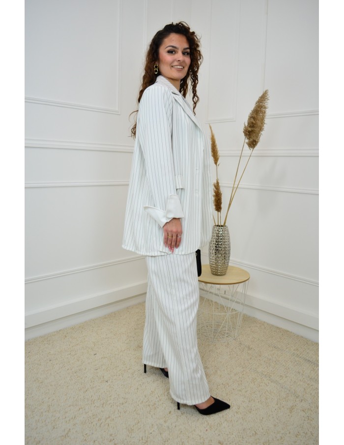 Ensemble 2 Pièces Blanc à Rayures : Blazer et Pantalon - Accueil