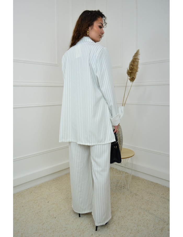 Ensemble 2 Pièces Blanc à Rayures : Blazer et Pantalon - Accueil