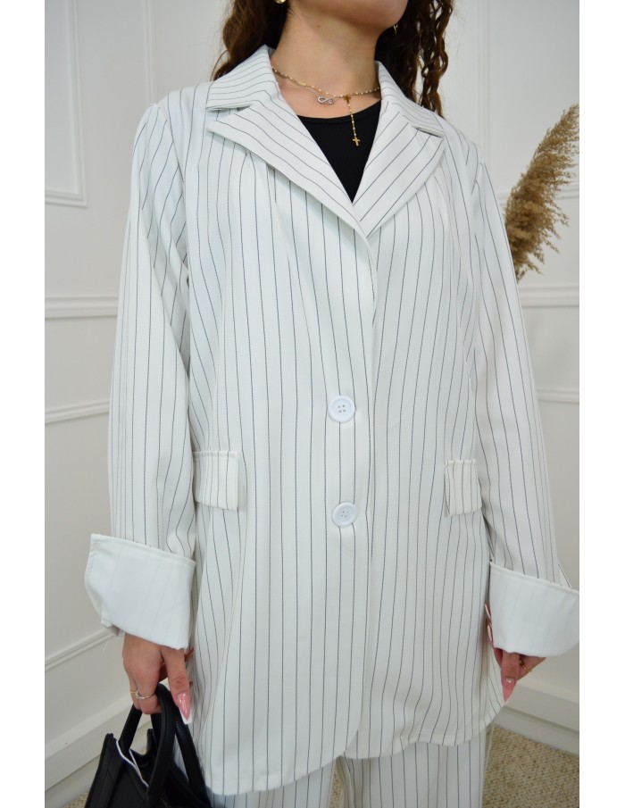 Ensemble 2 Pièces Blanc à Rayures : Blazer et Pantalon - Accueil