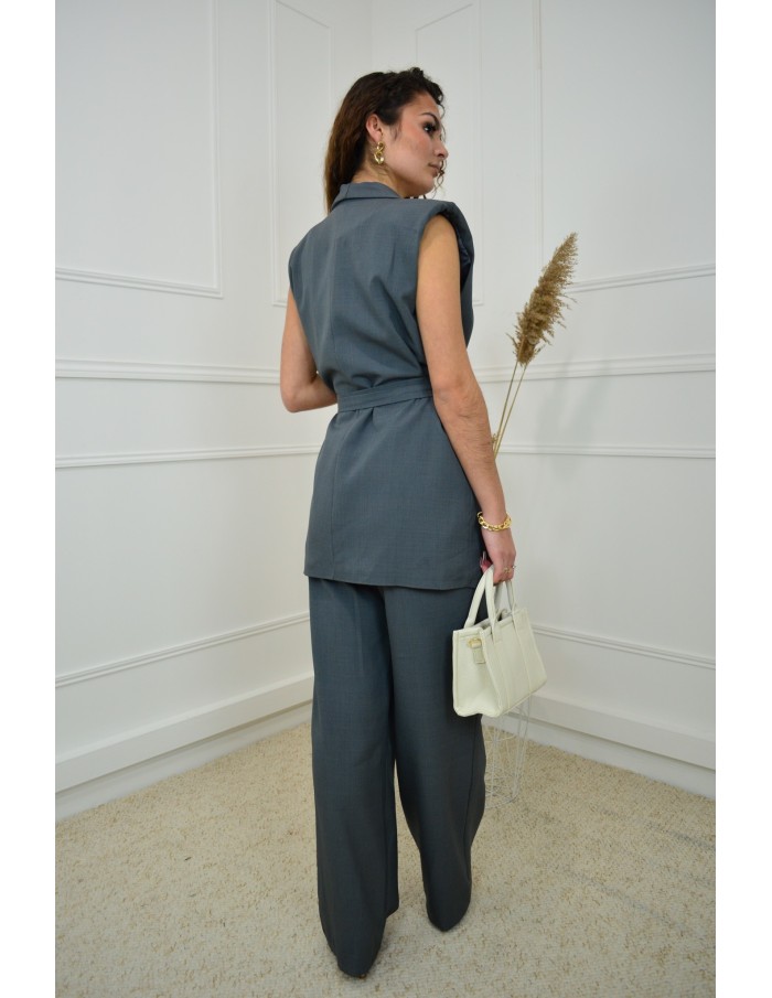 Ensemble 2 Pièces Gris : Blazer sans manches à nouer et pantalon - femme - Accueil
