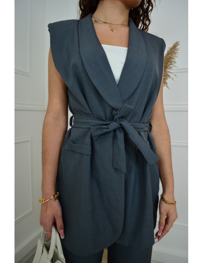 Ensemble 2 Pièces Gris : Blazer sans manches à nouer et pantalon - femme - Accueil