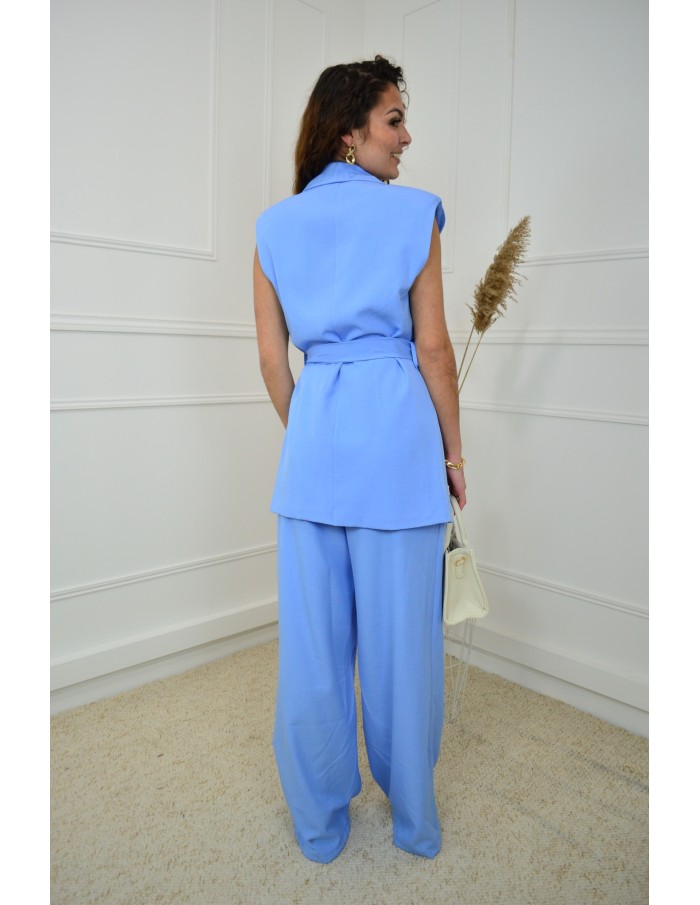 Ensemble 2 Pièces Bleu : Blazer sans manches à nouer et pantalon - femme - Accueil