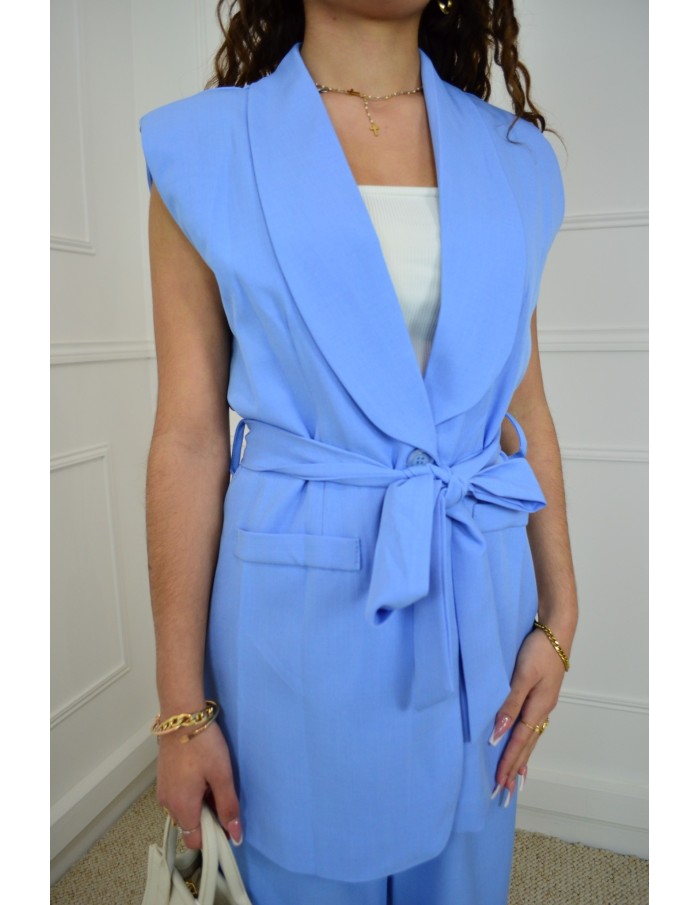 Ensemble 2 Pièces Bleu : Blazer sans manches à nouer et pantalon - femme - Accueil