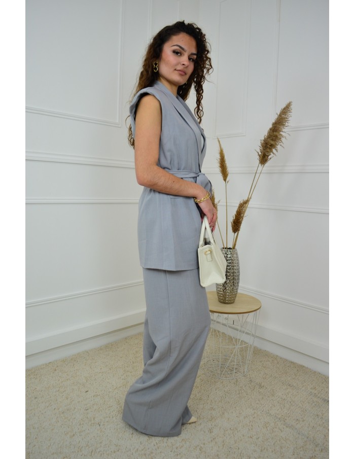 Ensemble 2 Pièces Gris clair : Blazer sans manches à nouer et pantalon - femme - Accueil
