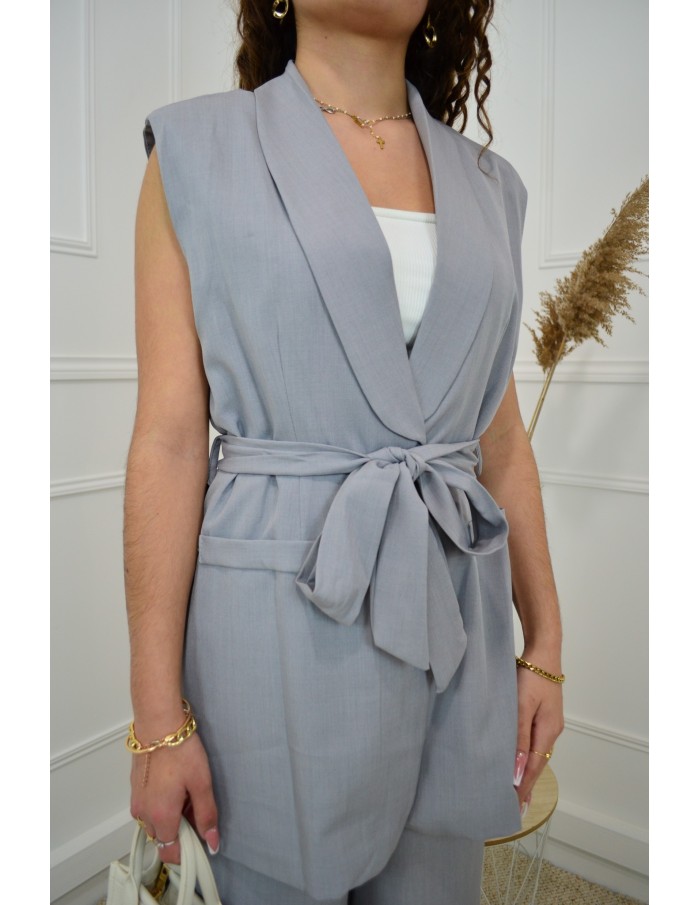 Ensemble 2 Pièces Gris clair : Blazer sans manches à nouer et pantalon - femme - Accueil