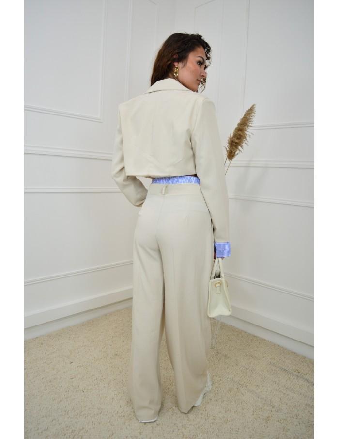 Ensemble 2 pièces beige : blazer cropped et pantalon fluide avec détails rayées - femme - Accueil