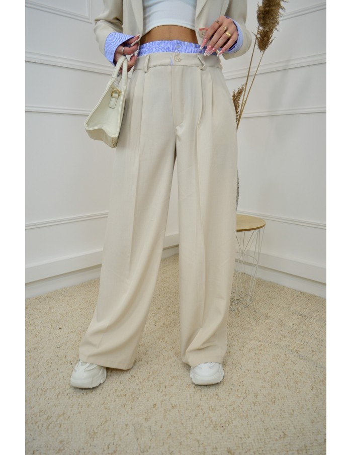 Ensemble 2 pièces beige : blazer cropped et pantalon fluide avec détails rayées - femme - Accueil