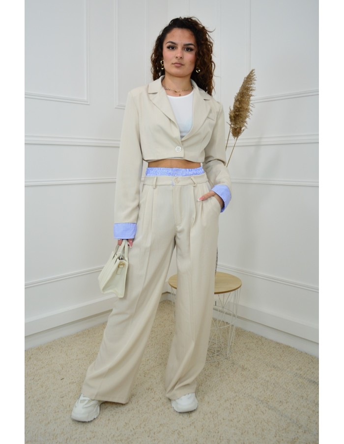 Ensemble 2 pièces beige : blazer cropped et pantalon fluide avec détails rayées - femme - Accueil