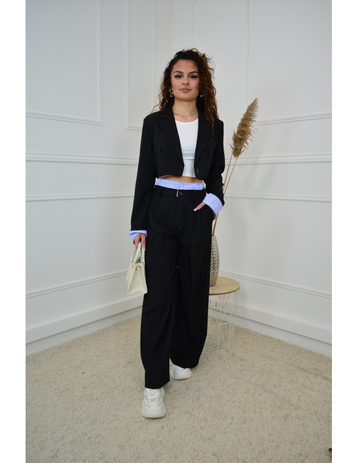 Ensemble 2 pièces noir : blazer cropped et pantalon fluide avec détails rayées - femme - Accueil