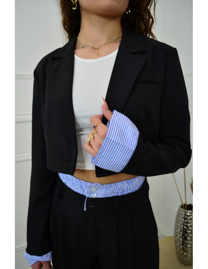 Ensemble 2 pièces noir : blazer cropped et pantalon fluide avec détails rayées - femme - Accueil