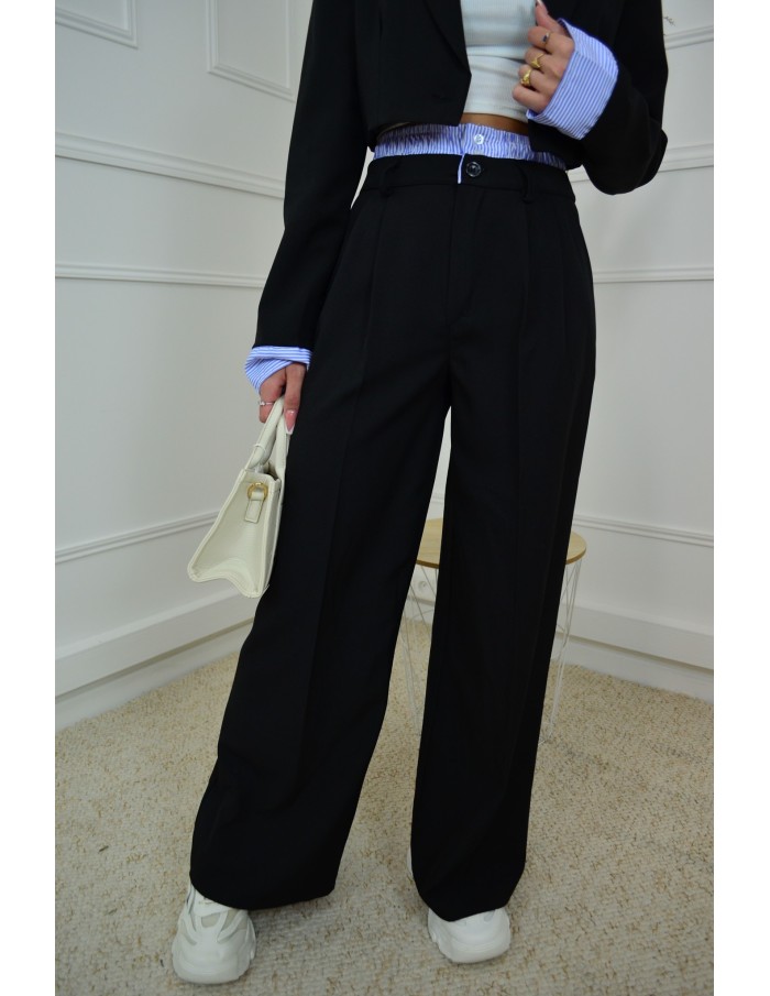 Ensemble 2 pièces noir : blazer cropped et pantalon fluide avec détails rayées - femme - Accueil