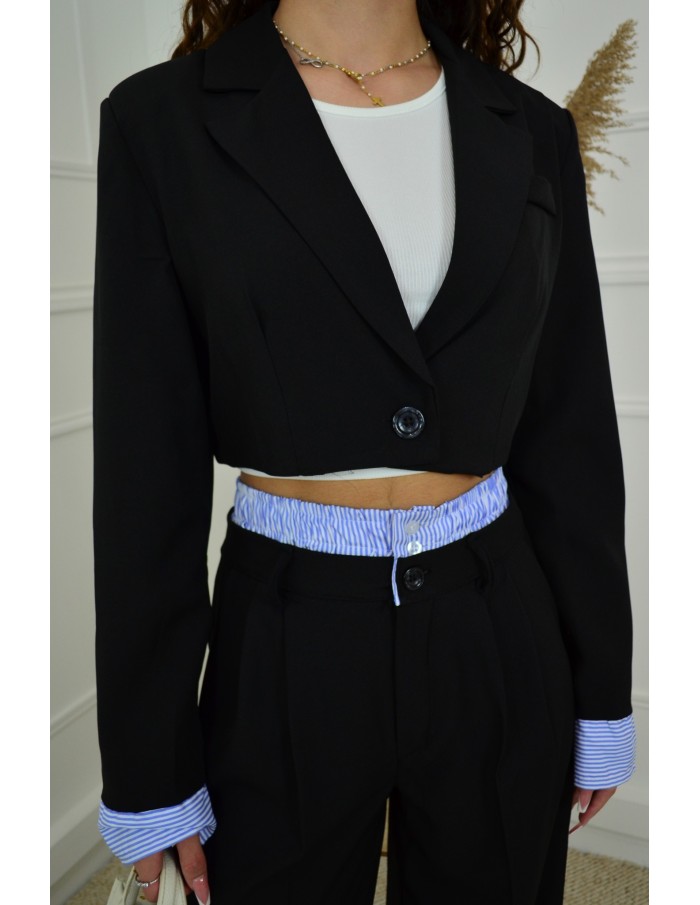 Ensemble 2 pièces noir : blazer cropped et pantalon fluide avec détails rayées - femme - Accueil