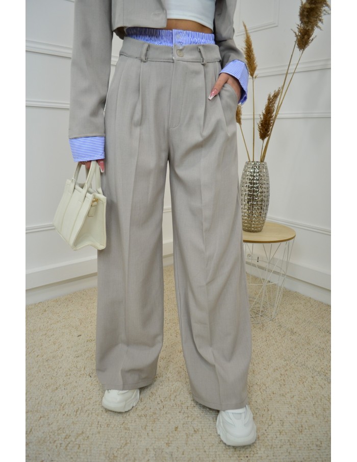 Ensemble 2 pièces gris clair : blazer cropped et pantalon fluide avec détails rayées - femme - Accueil