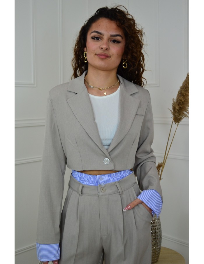 Ensemble 2 pièces gris clair : blazer cropped et pantalon fluide avec détails rayées - femme - Accueil